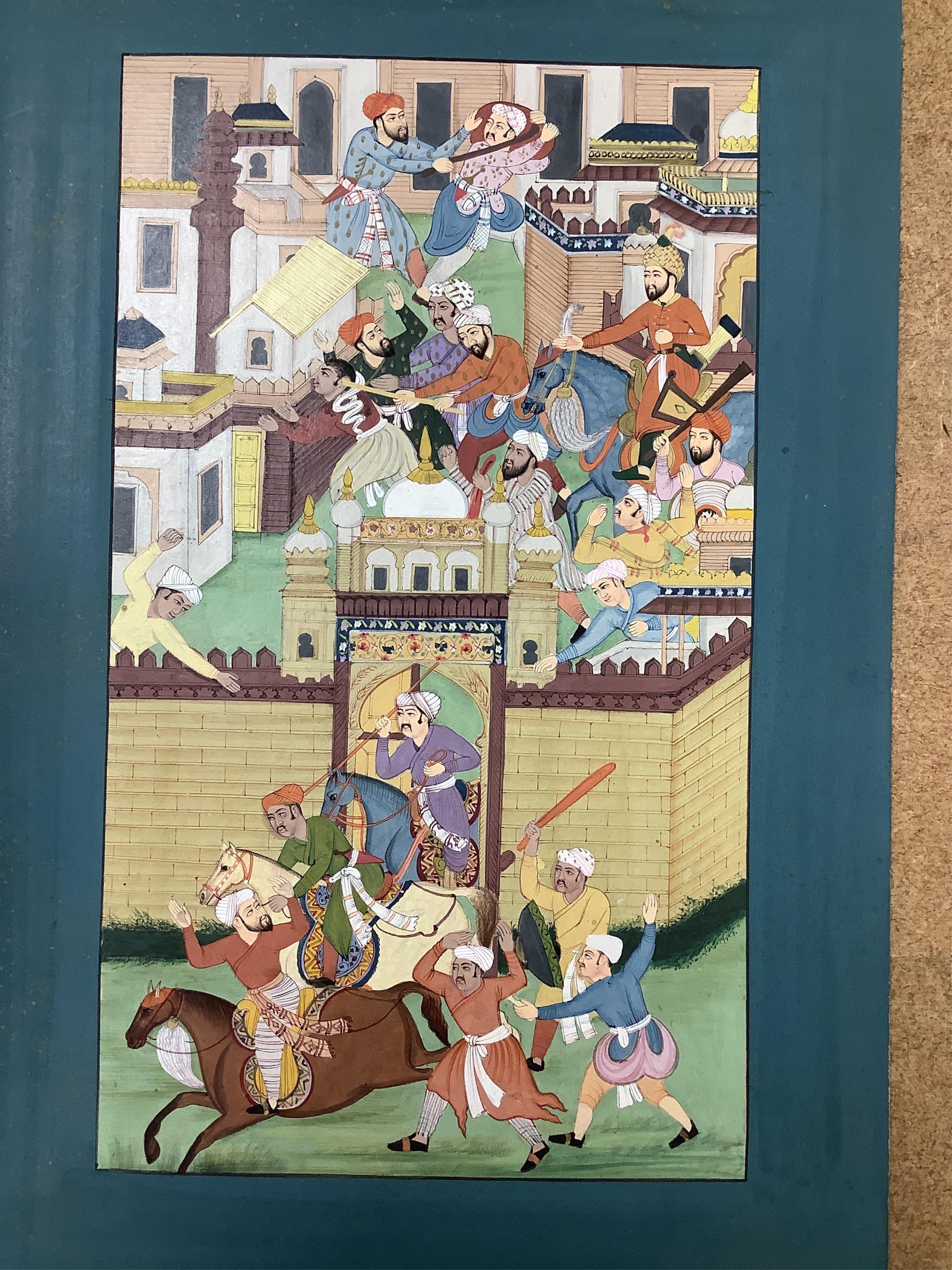 Indian mughal style, Figural studies, portraits and horse racing scene, mounted, seven watercolours, unframed, largest 25 x 13cm